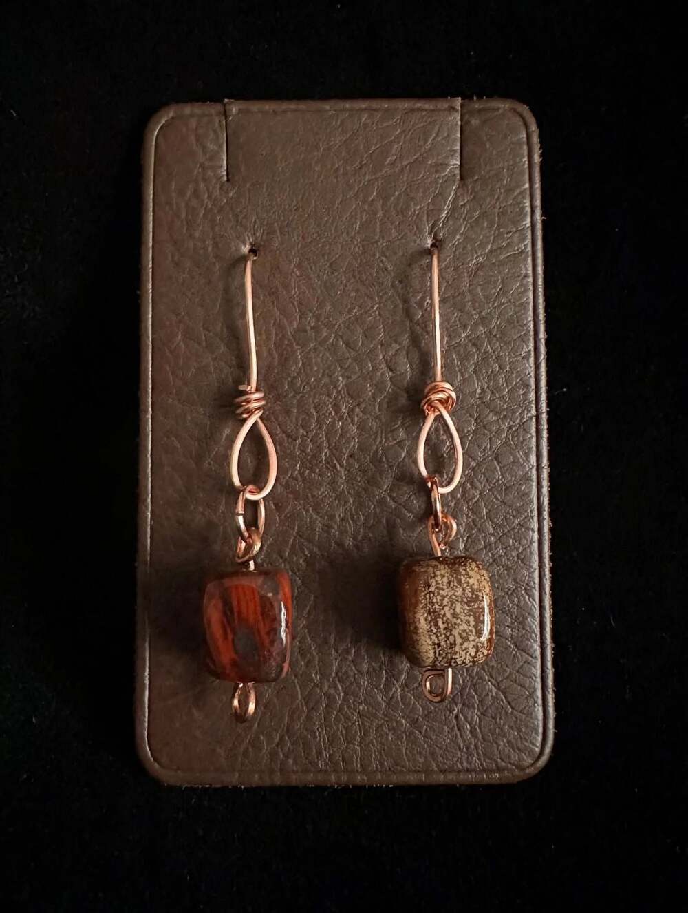 Handmade Artisan Copper Wire Wrapped Red and Brown Jasper Cube Dangle Earrings
